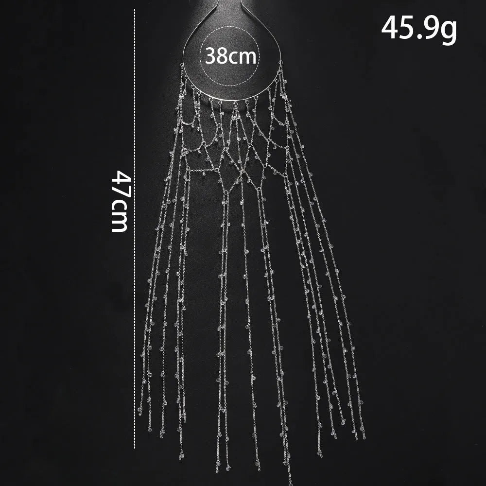 Gold electroplated rhinestone headband with mesh tassel detailing, 24 cm hair accessory