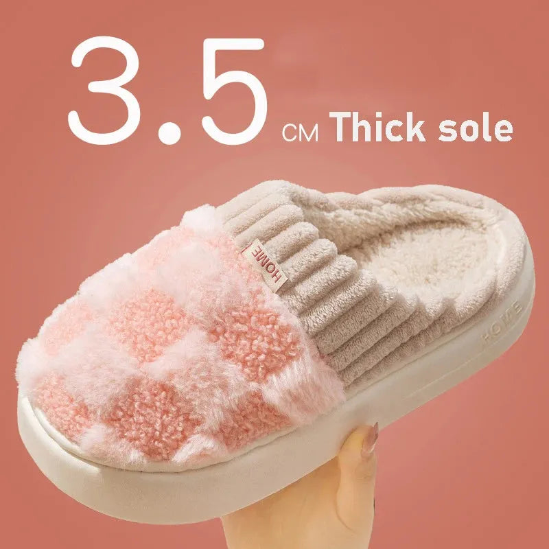 Women's plush house slippers in multiple colours with non-slip soles for indoor autumn and winter wear