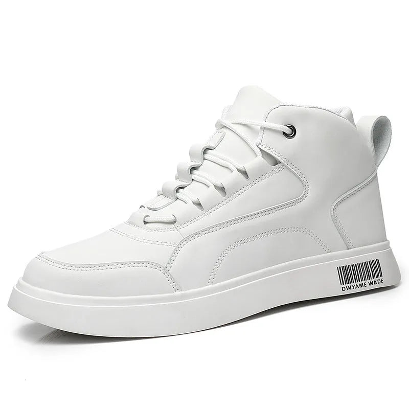 Men's white mid-top casual lace-up board shoes with a flat rubber sole on a solid background.
