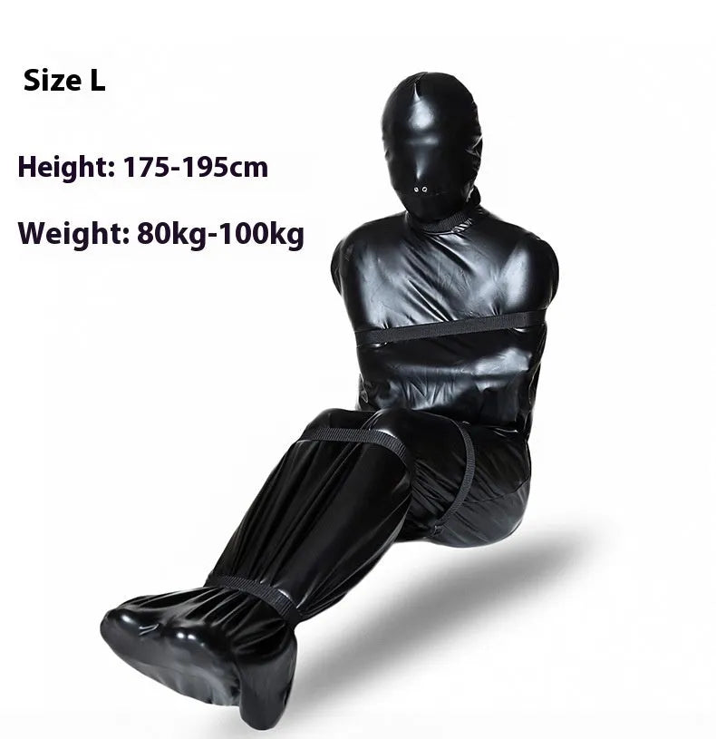 Black patent leather bondage set with full-coverage garment and six ratchet tie-down pieces