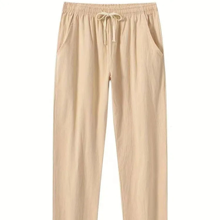 Man's loose-fitting cotton linen casual beach pants in solid khaki colour