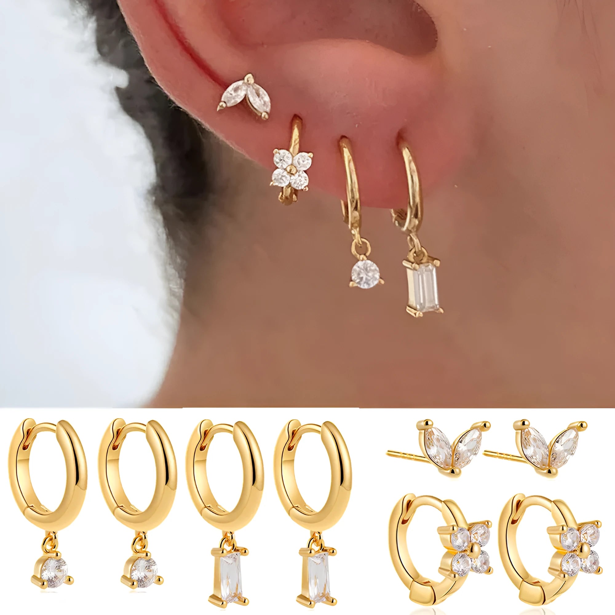 Geometric square earrings set with zircon details in gold or silver electroplated finish for women