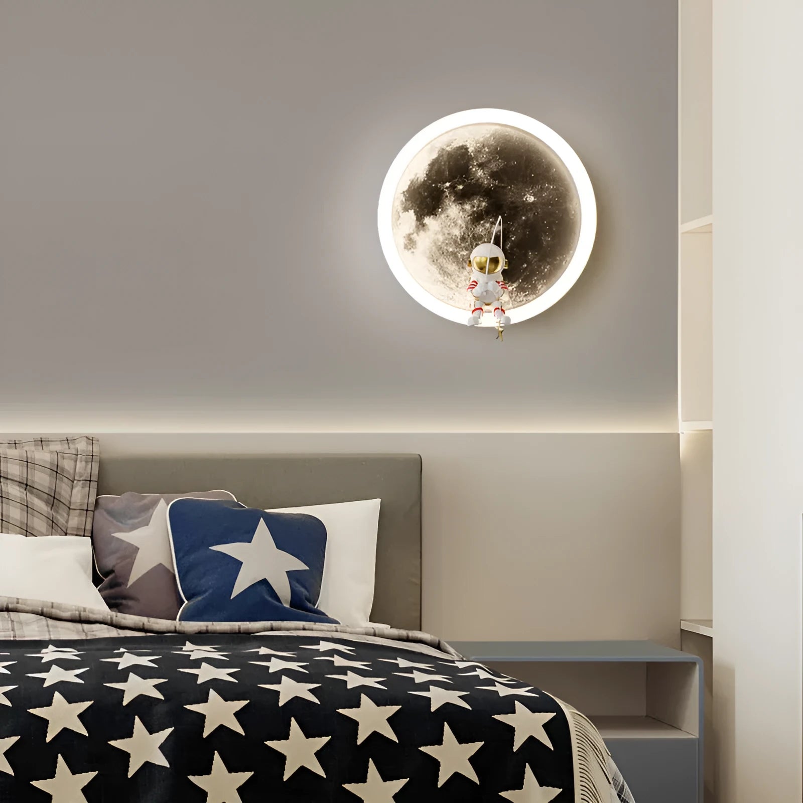 Modern minimalist moon wall lamp with acrylic shade in black or white finish showing smart lighting modes