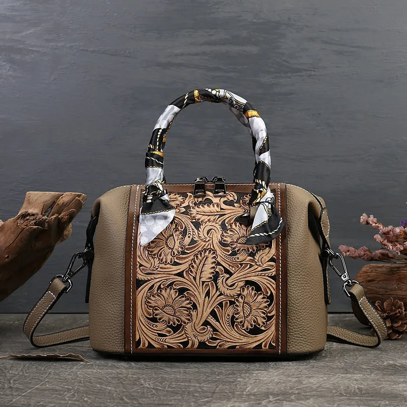 Vintage style brown leather messenger bag with crossbody strap and front pocket.