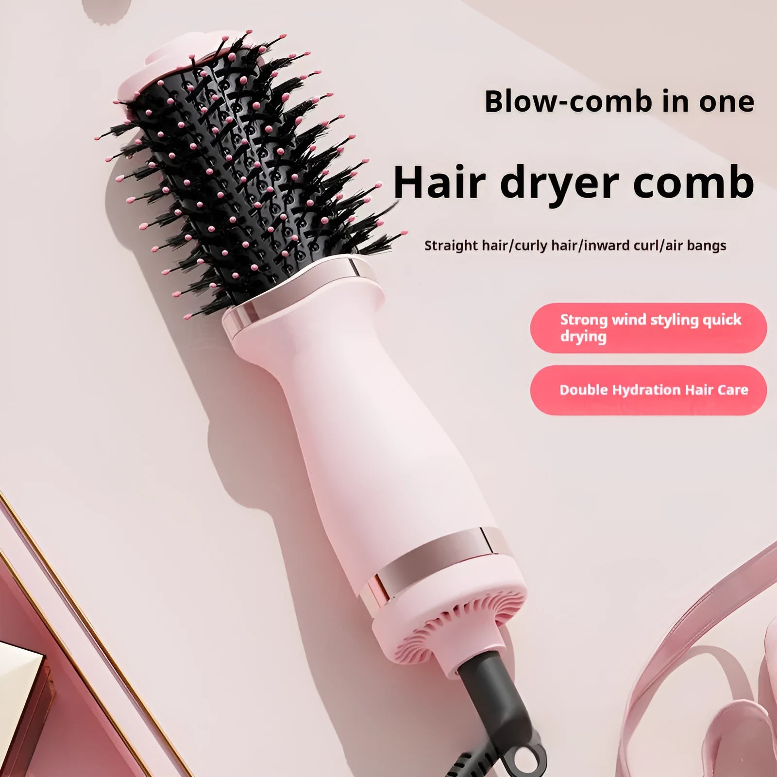 Pink multifunctional hair dryer with styling comb attachment for drying, straightening and curling hair