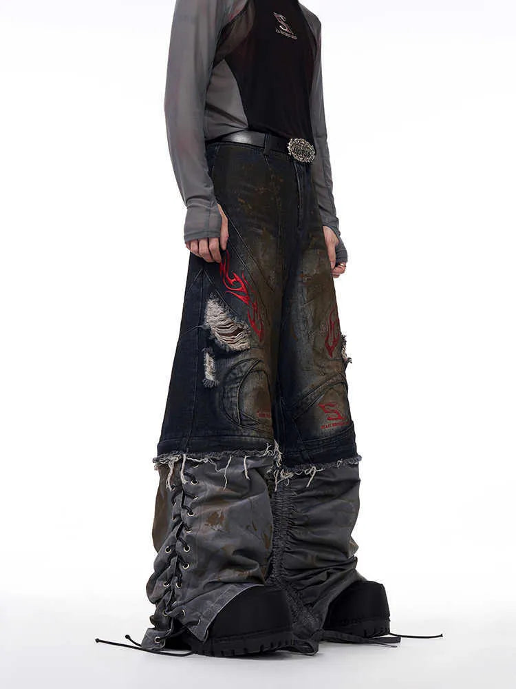 Men's retro jeans with detachable legs in wide-leg loose fit and mid-high waist