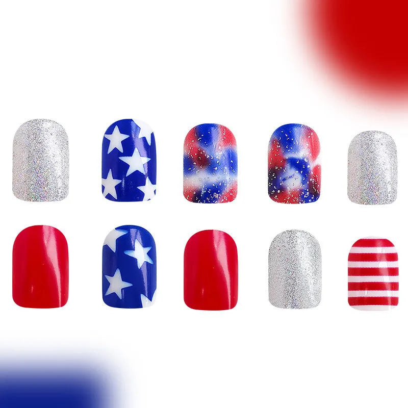 Independence Day nail stickers with American five-pointed stars in red, white, and blue colours