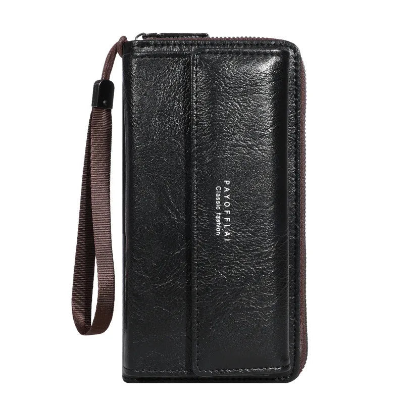Men's black PU wallet with multiple card slots in casual long 19x10.5x4cm design