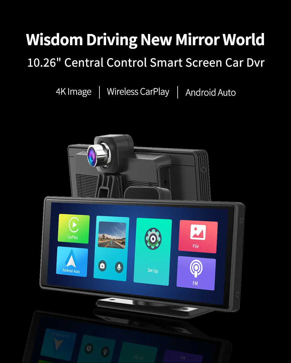 10.26-inch touch screen car DVR mounted on windscreen, showing split view of front road and rear camera footage.