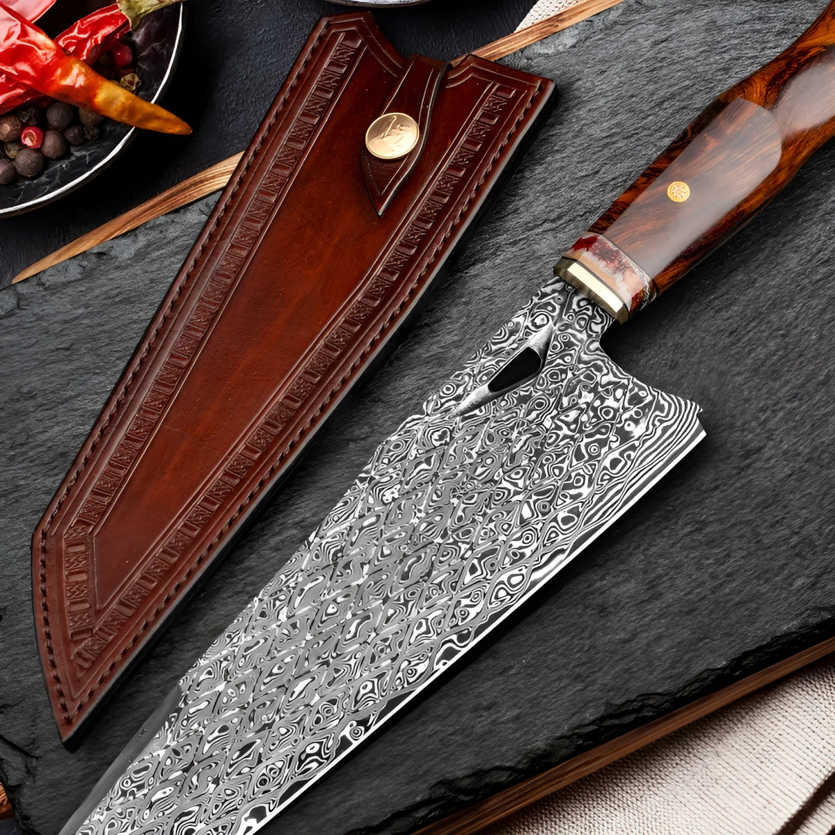 Damascus steel kitchen knife with 21.8cm patterned blade, milky off-white handle, and 35cm overall length