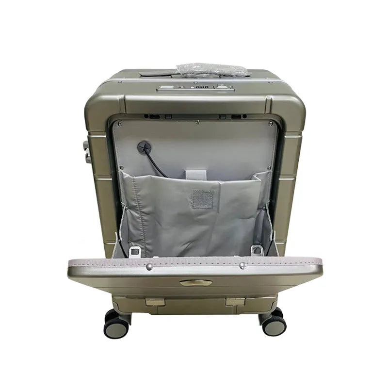 20-inch front opening cabin suitcase in silver with a cup holder and separate wet-dry compartment.