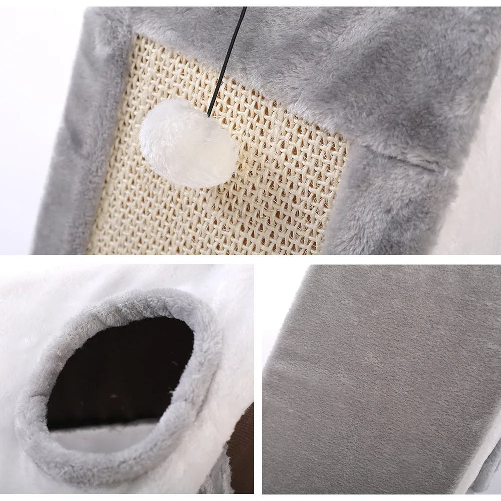 Triangular cat bed with integrated sisal scratching panels in grey and white colour scheme