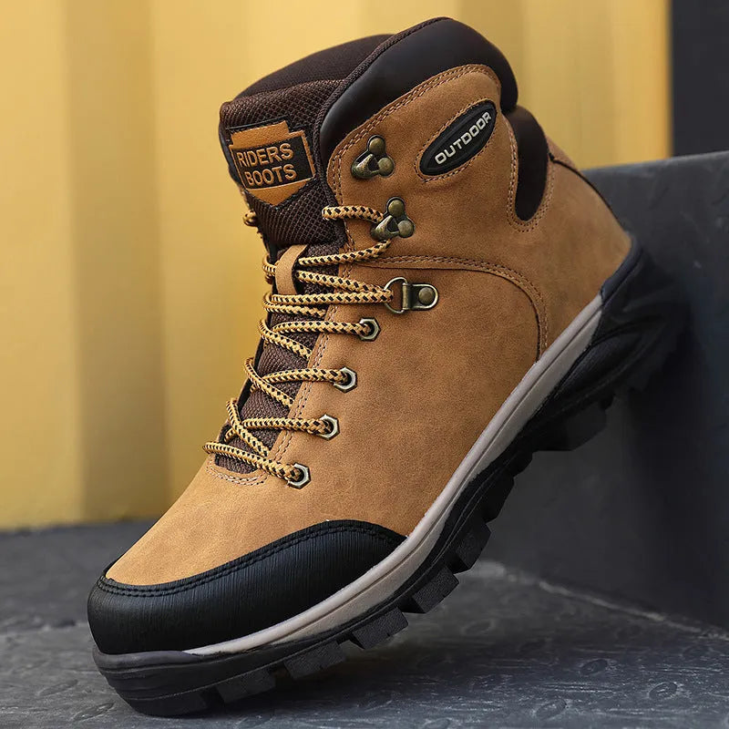 Men's high-top winter cotton boots with cowhide upper and plus velvet lining, in black, brown, or yellow
