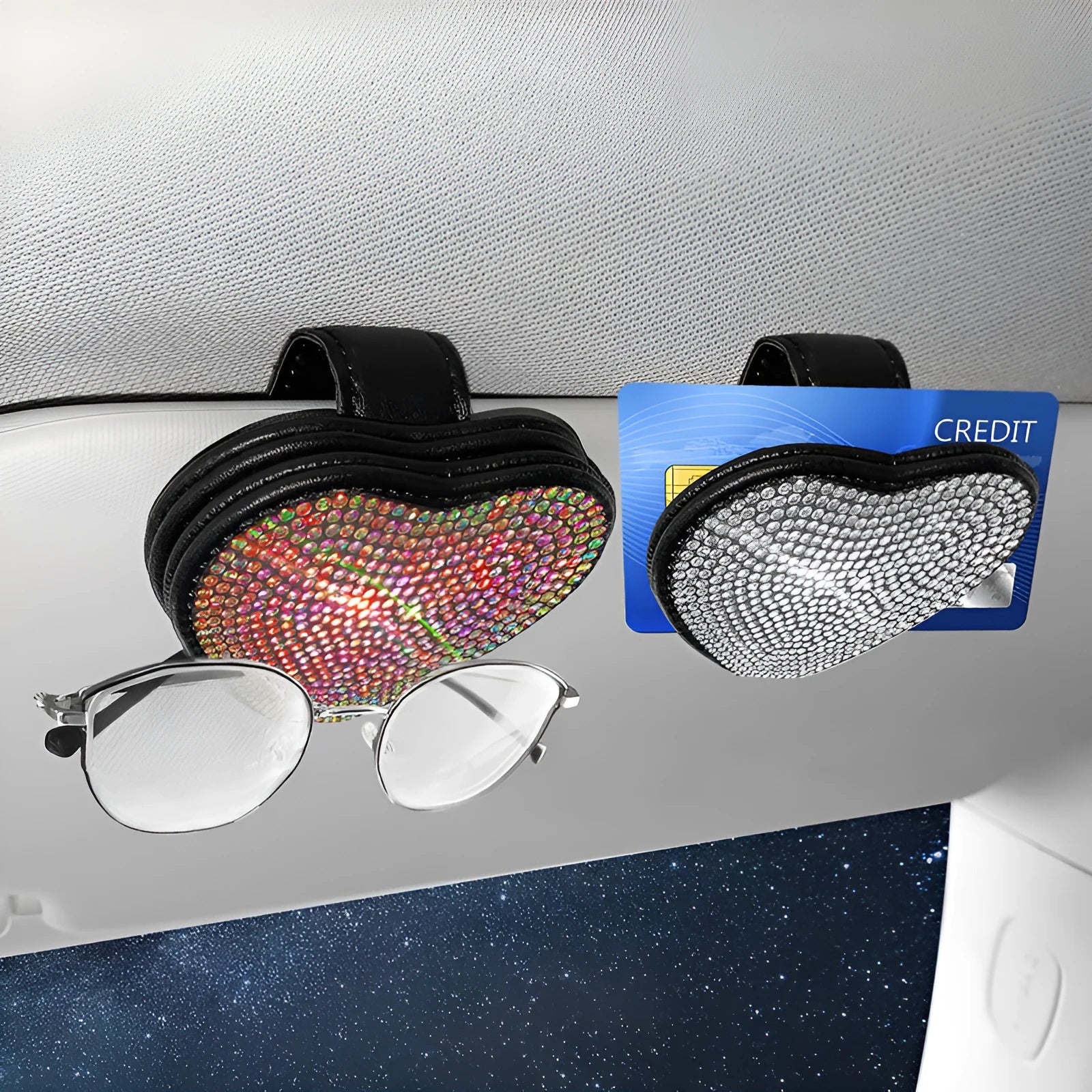 Black PU leather magnetic storage clip with diamond encrustment, shown attached to a car sun visor.