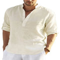 Men's cotton linen long sleeve shirt with stand collar, button-down front, and solid colour in beige, black, grey, khaki, light blue, navy blue, pink, or white