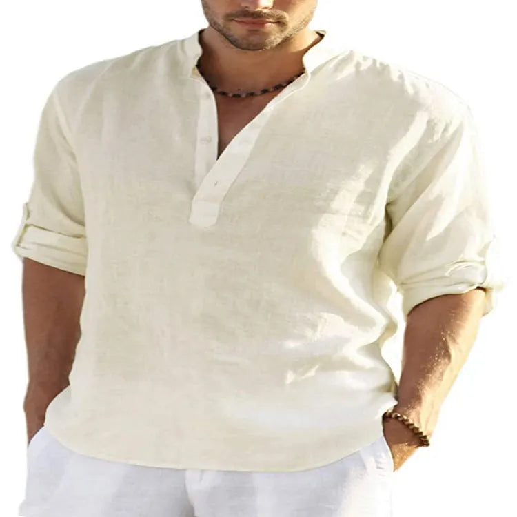 Men's cotton linen long sleeve shirt with stand collar, button-down front, and solid colour in beige, black, grey, khaki, light blue, navy blue, pink, or white