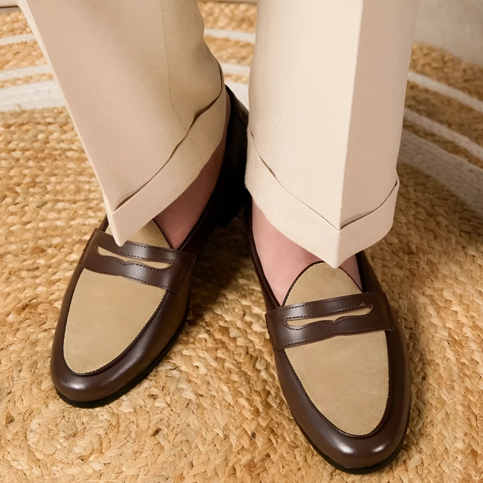 Coffee grey suede leather Belgian loafers with one-foot kick design and rubber sole