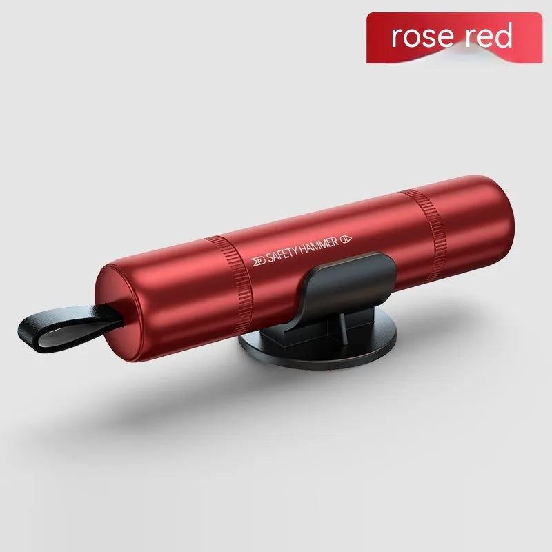 Four-in-one car safety hammer with window breaker, seatbelt cutter, LED torch, and magnetic aluminium alloy base