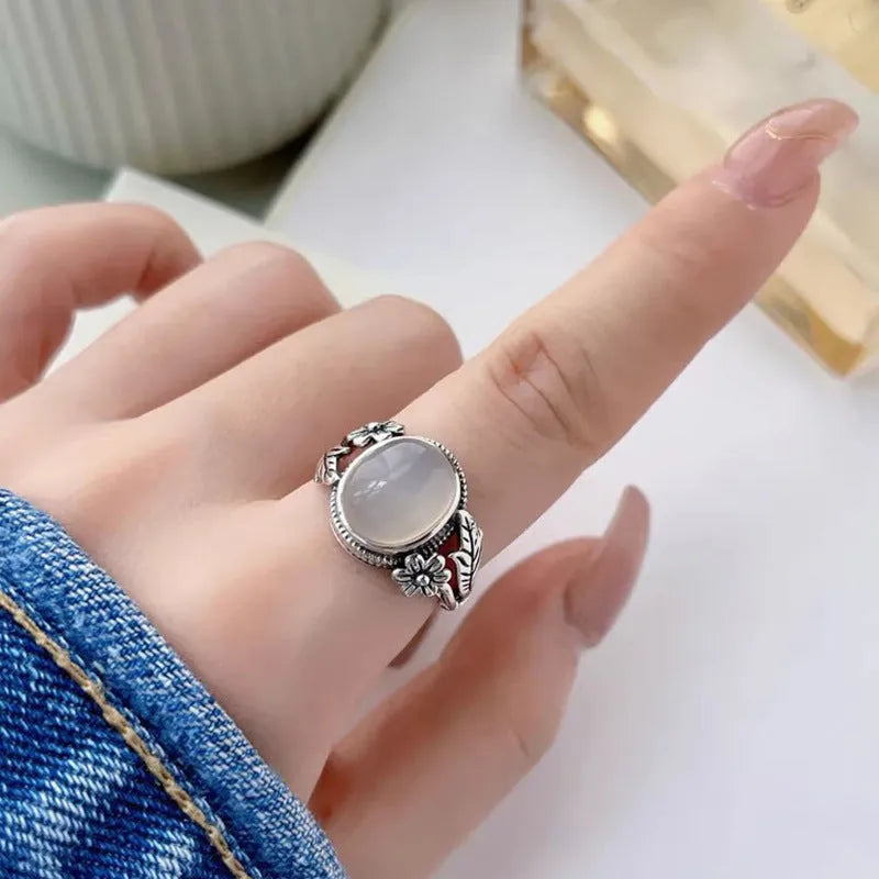 Copper vintage ring with white stone and adjustable U-shaped opening