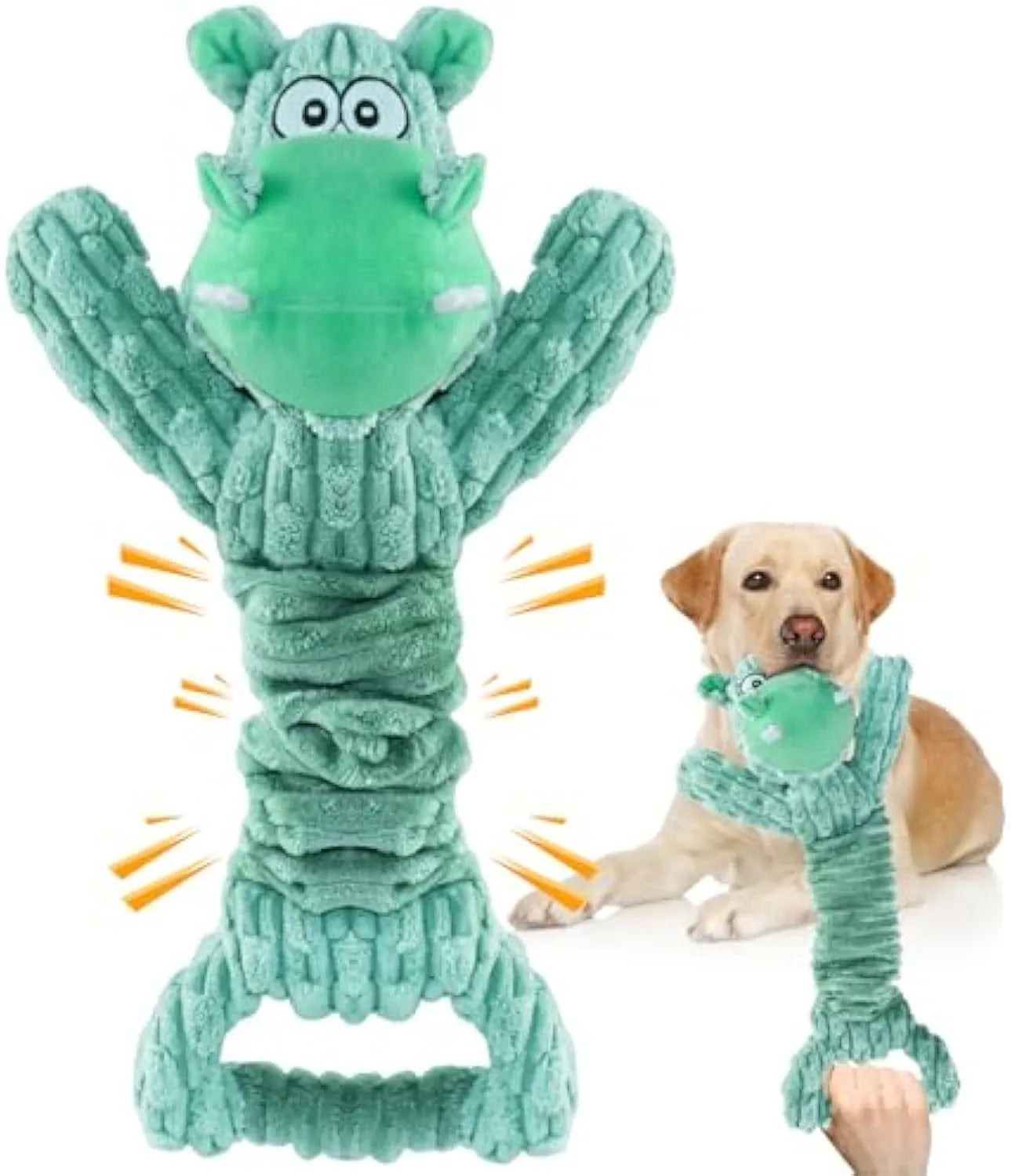 Large plush squeaky dog toy with a handle, shown in Hippo and Monkey designs on a plain background.