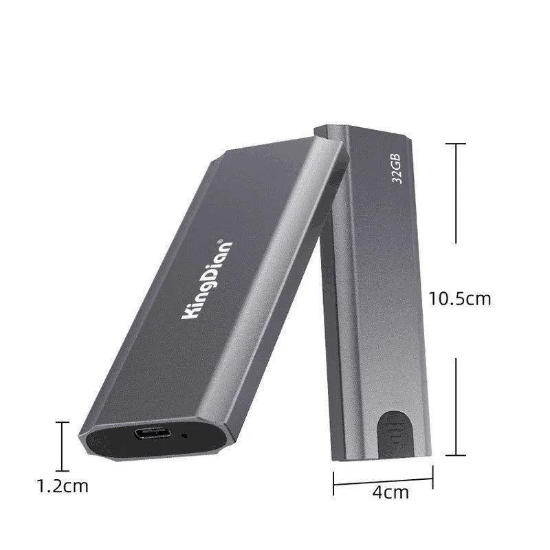 Grey aluminium mobile SSD hard drive with USB 3.0 connector for phone storage expansion.