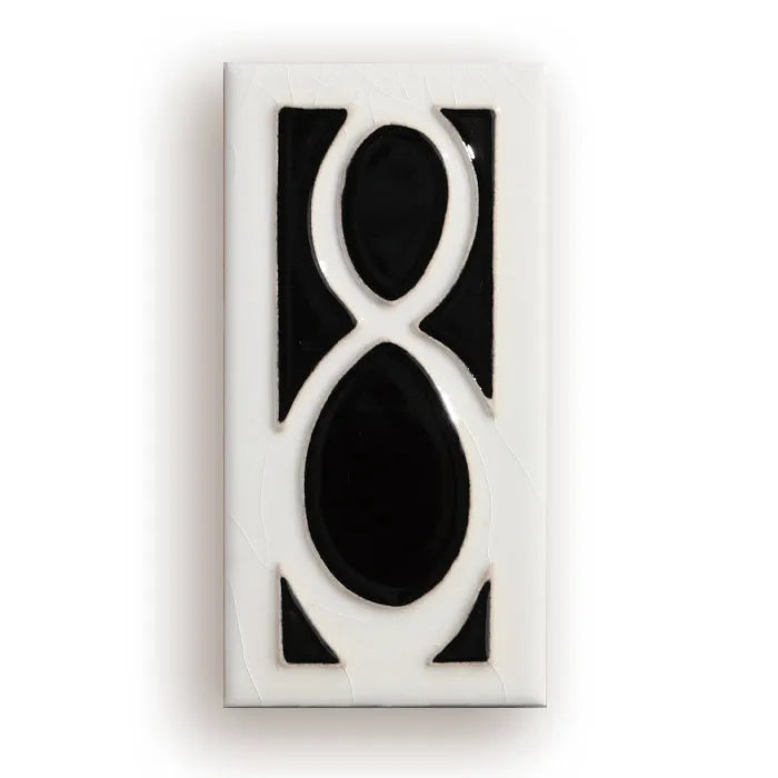 Handmade retro-style ceramic doorplate with enamel number, shown in 76mm by 152mm size.