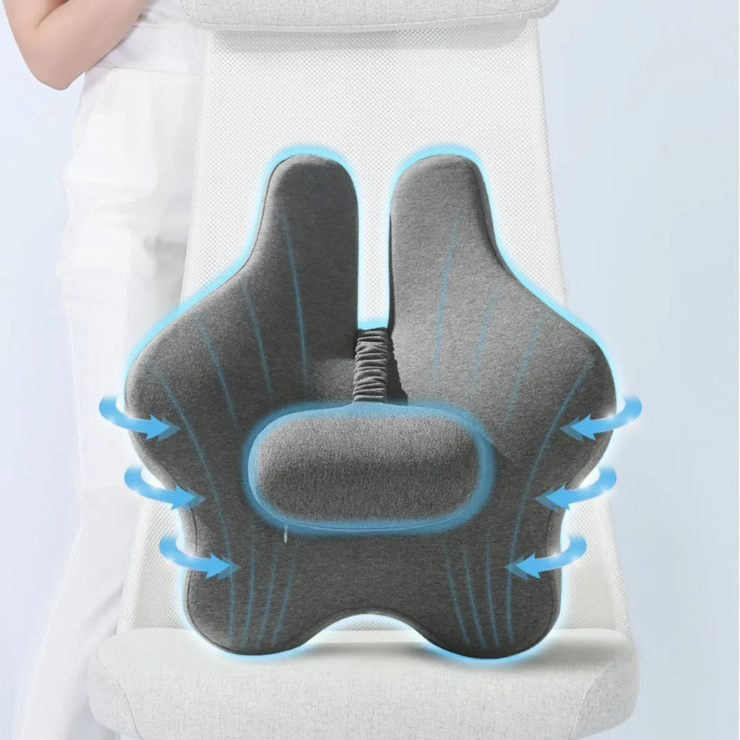 Black memory foam lumbar support cushion for car seat measuring 50cm by 47cm.