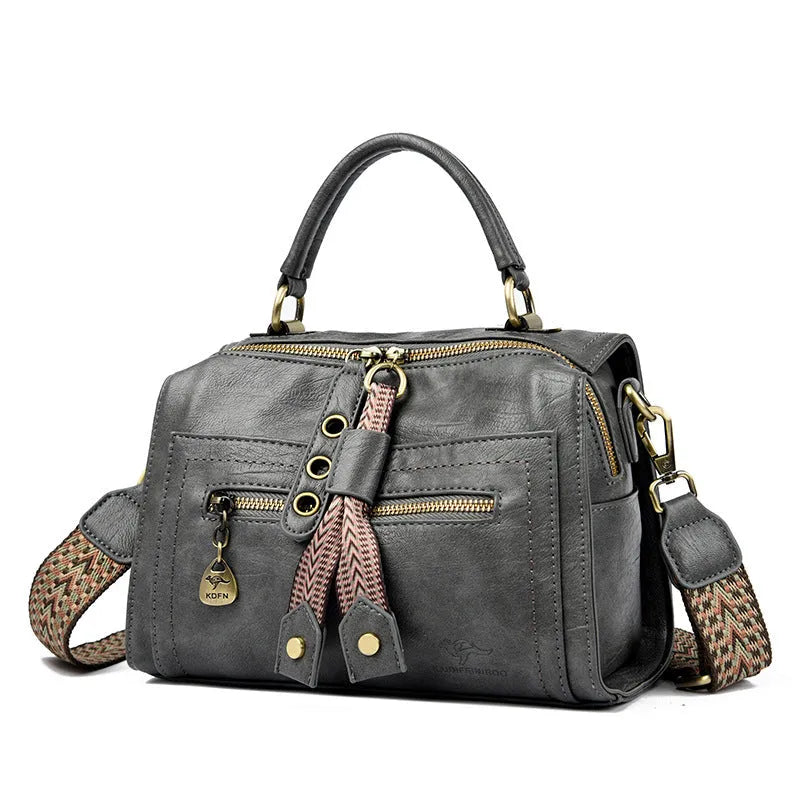 Women's retro style crossbody bag in soft PU leather with sandwich pocket, shown in six colour options