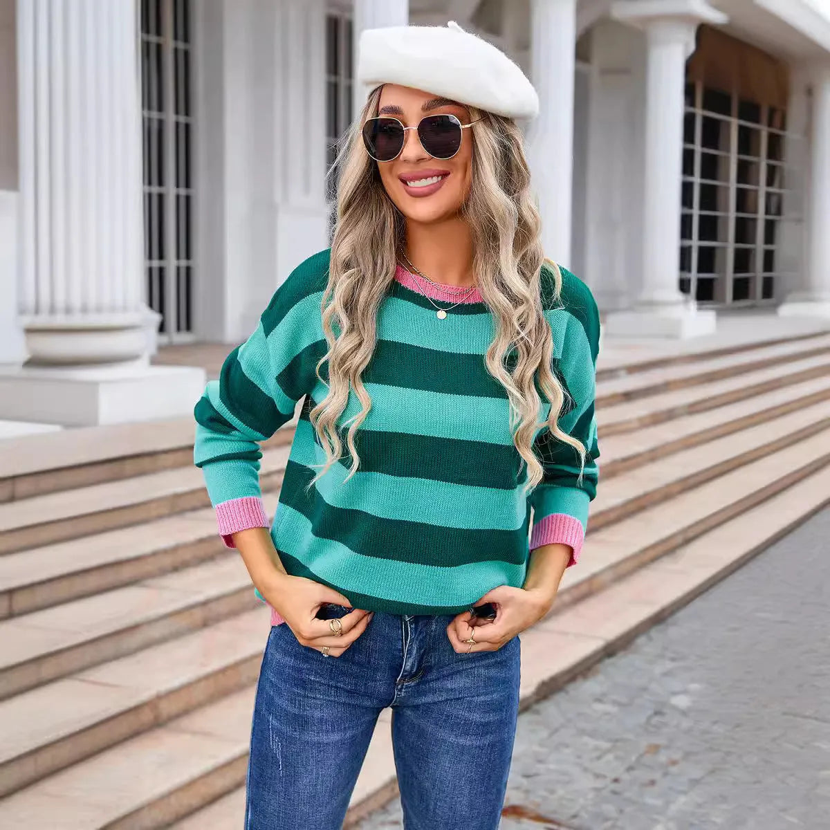 Women's loose fit long sleeve acrylic sweater in blue with floral stripe pattern