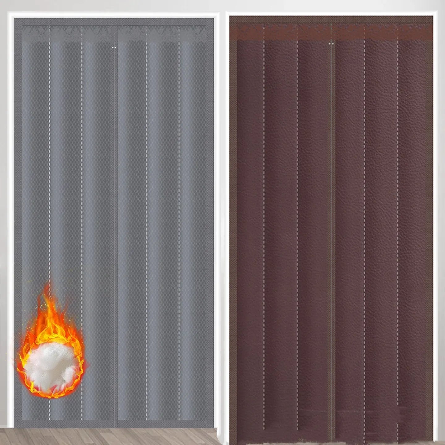 Full seam long magnetic strip cotton door curtain in New Chinese style, shown in grey diamond lattice pattern.