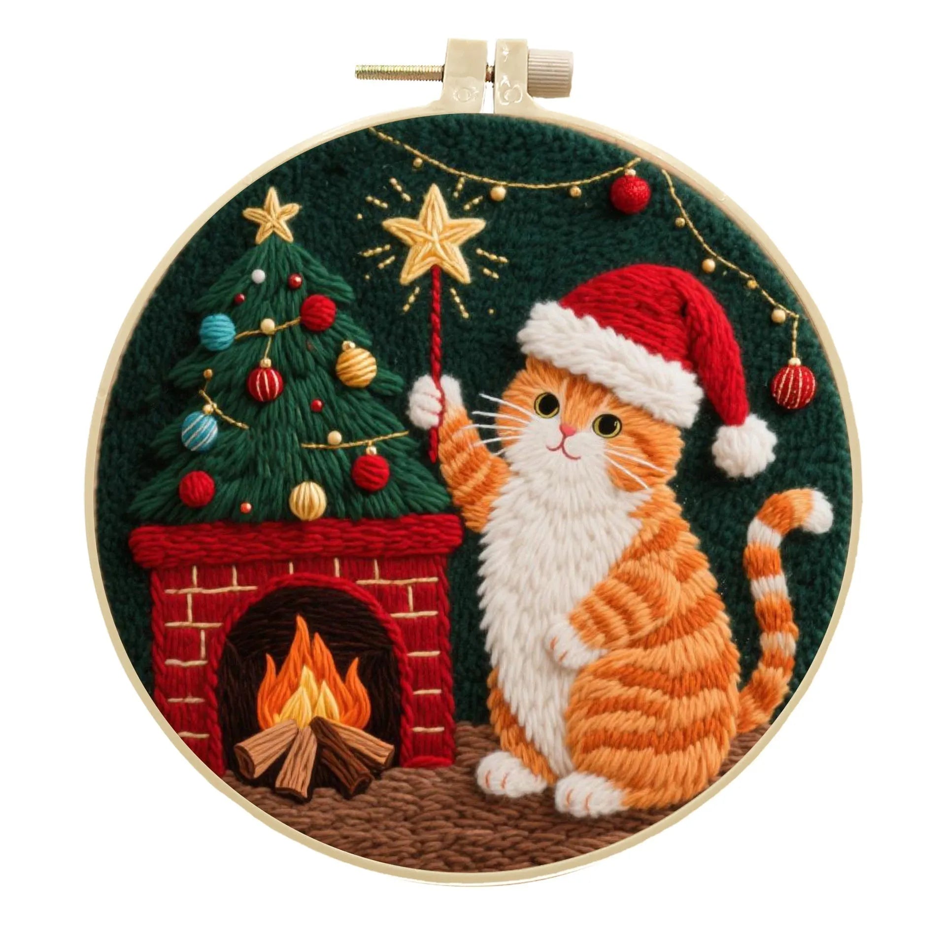 Embroidery material kit with autumn fruit and cat design on cotton linen fabric