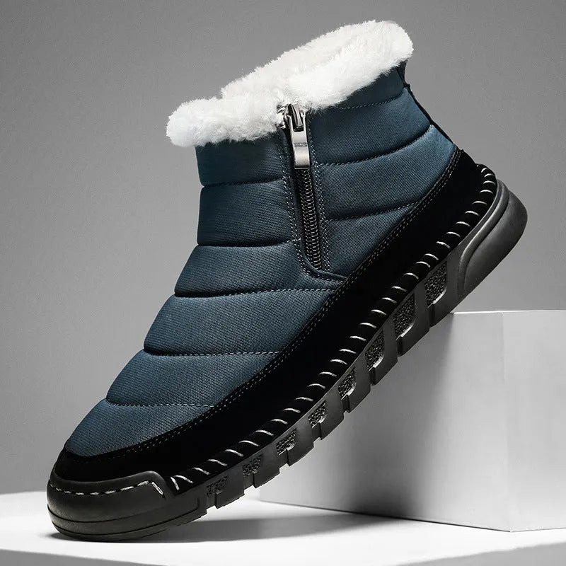 Men's plus size snow boot in black with round toe, cotton upper, and rubber sole.