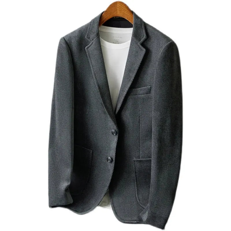 Slim-fit single-breasted Korean style jacket in khaki with straight hem and long sleeves on a hanger