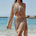 Khaki women's bell sleeve sun protection suit with hollow out design and matching skirt
