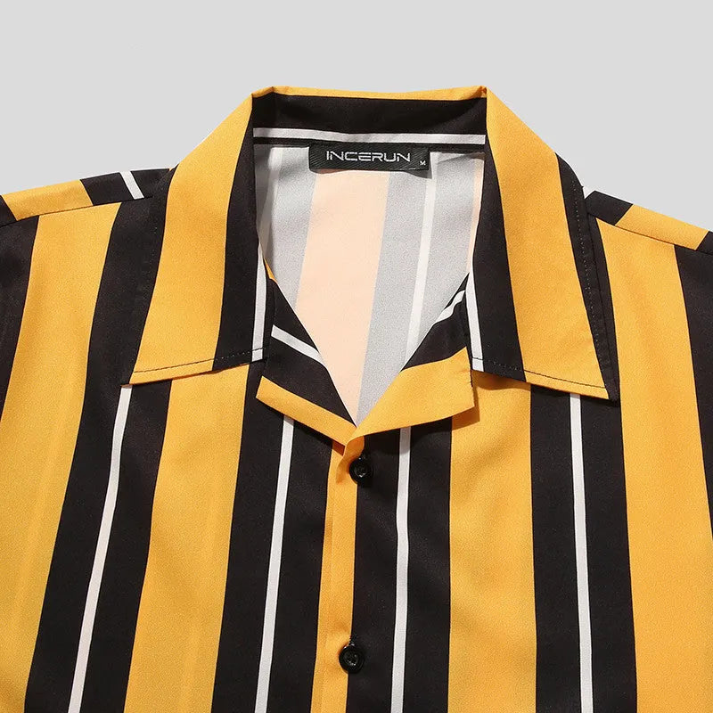 Men's yellow cotton loose fit casual summer streetwear short sleeve shirt