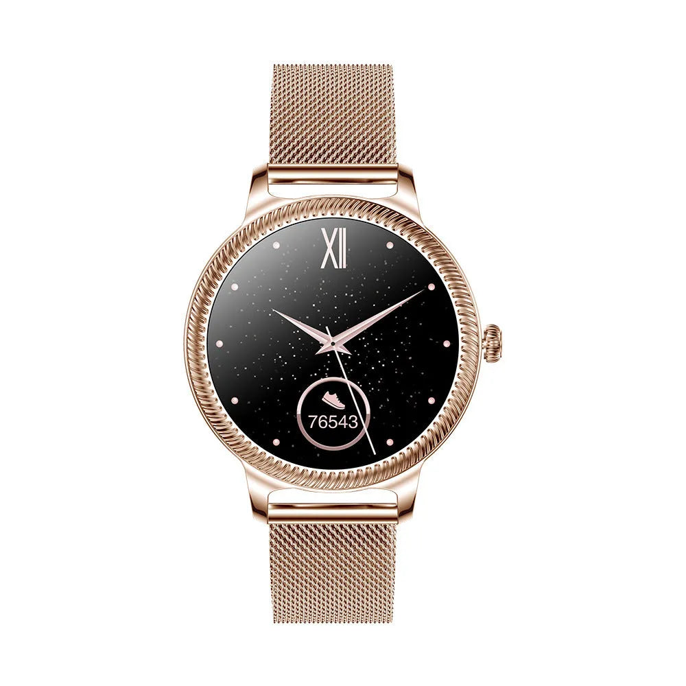 AK38 ladies smartwatch with stainless steel band and 1.09 inch colour screen.