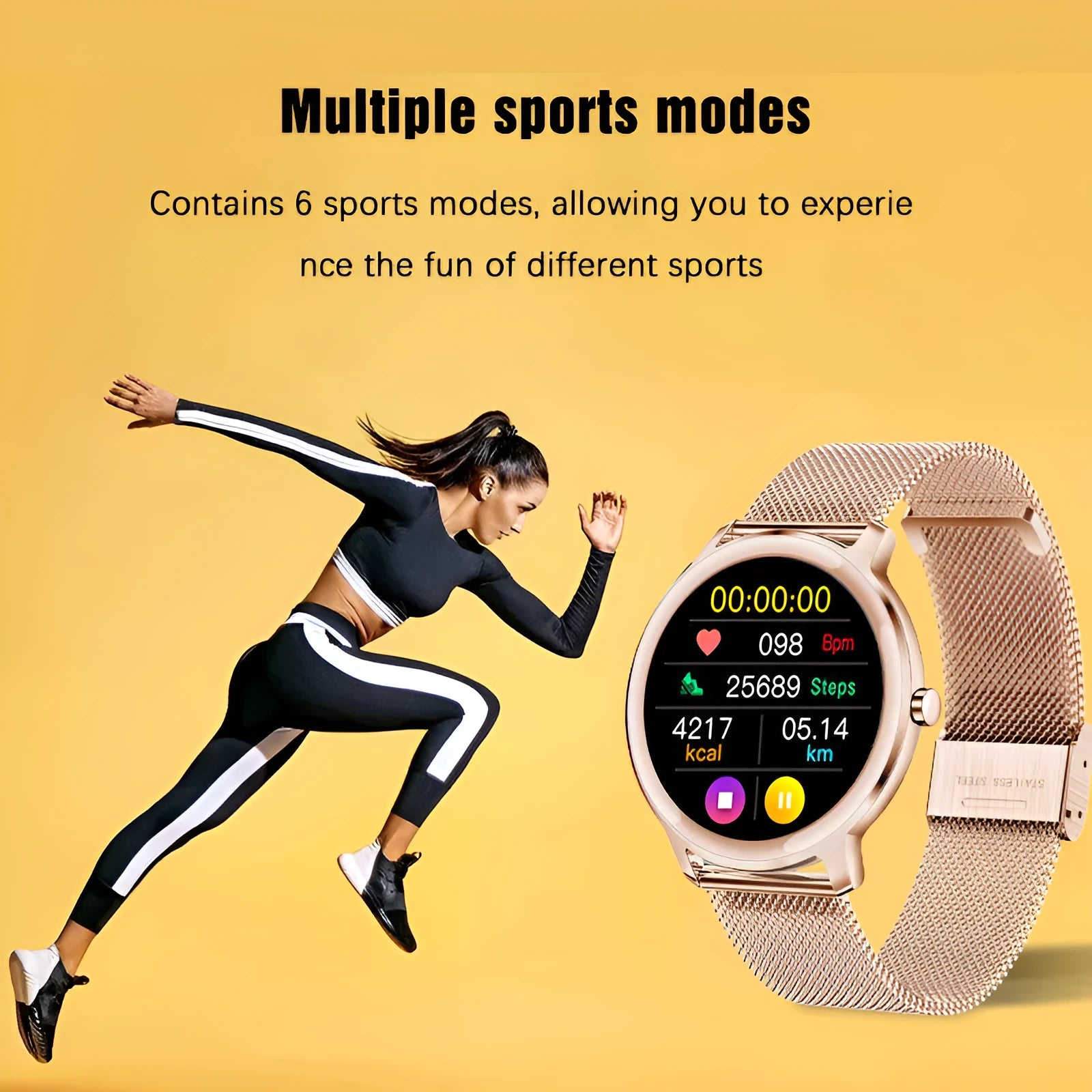 Women's rose gold smart watch with stainless steel mesh strap showing 1.3-inch touch screen display