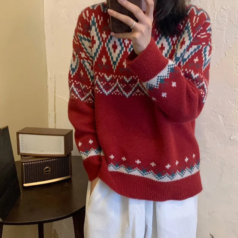 Red and white striped loose fit retro style long sleeve pullover knitted top