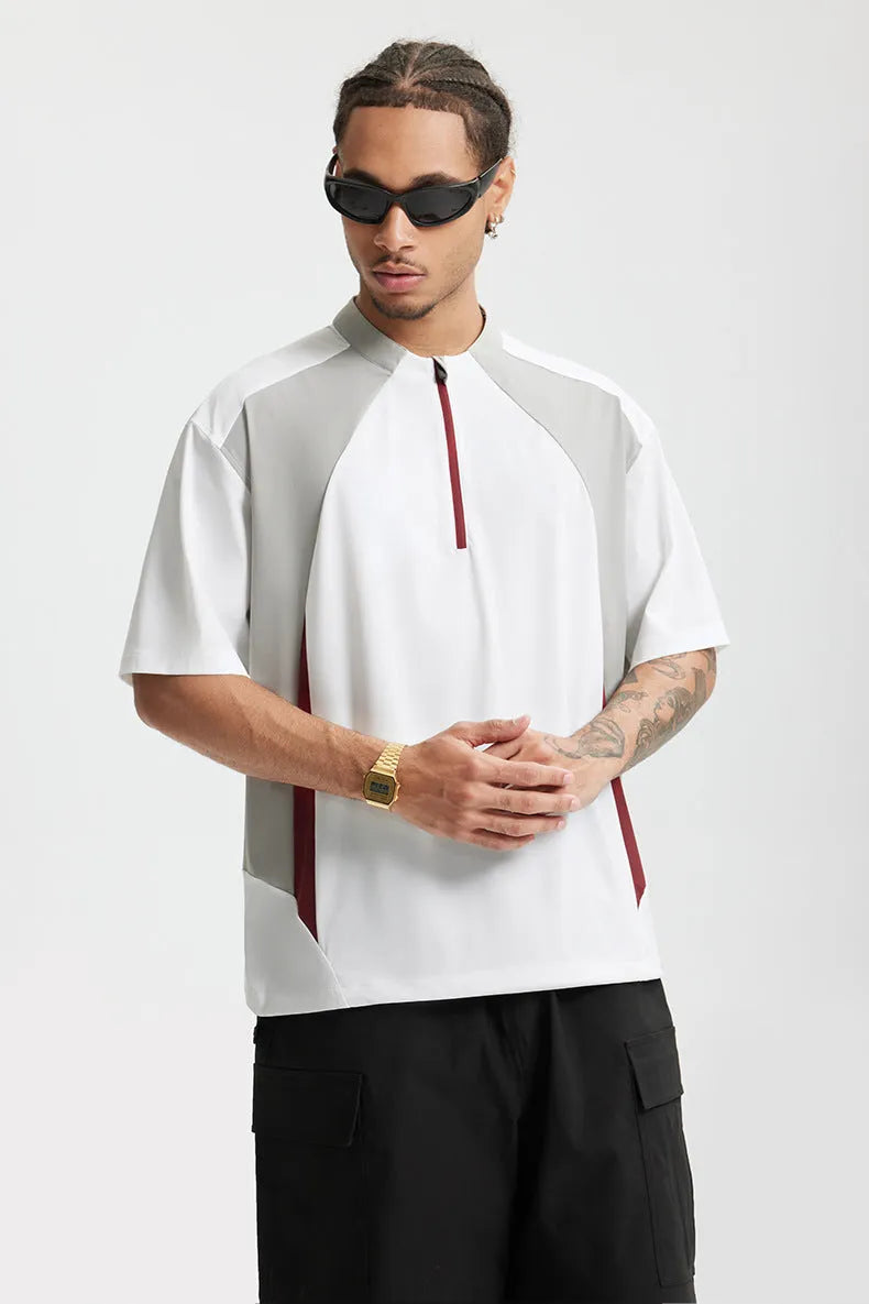 Man wearing a solid beige lightweight long sleeve polyester casual top