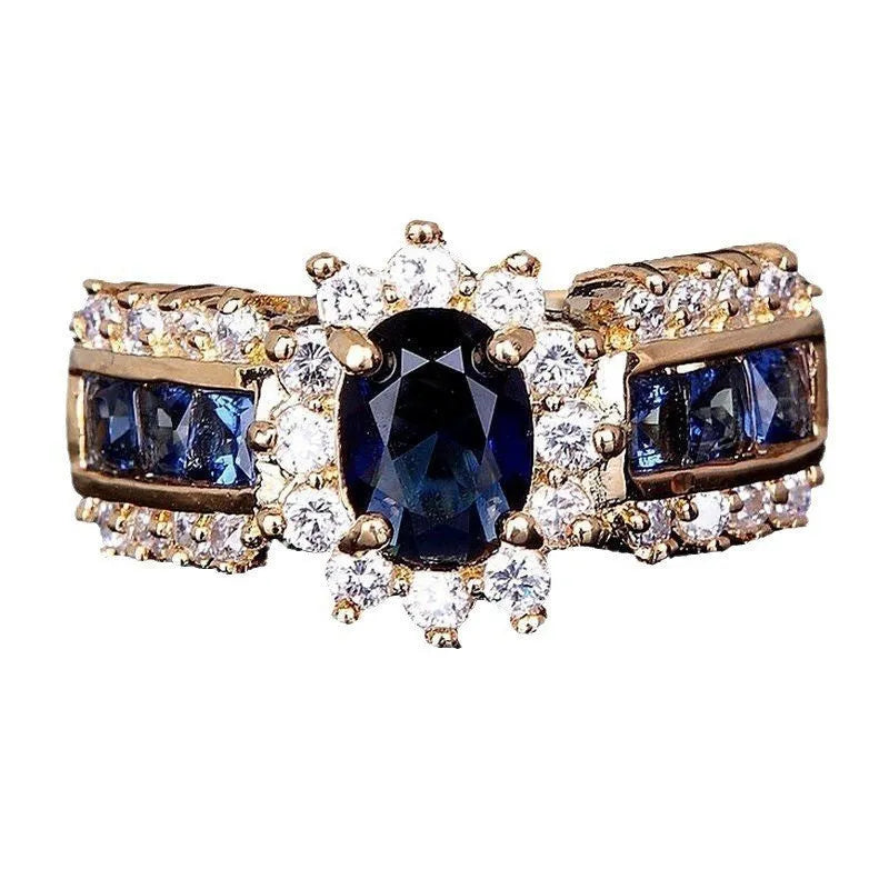 Zinc alloy fashion ring with diamond or zircon stone detailing in sunflower blue, square blue, or square purple designs.