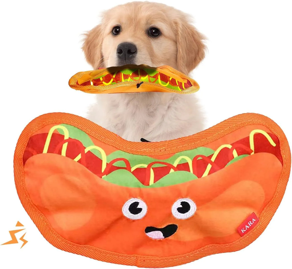 Colourful crinkle and squeak dog toy in a fast-food burger shape on a white background.