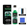 Green-coloured car glass oil film cleaner in PET bottle with sponge and towel on white background