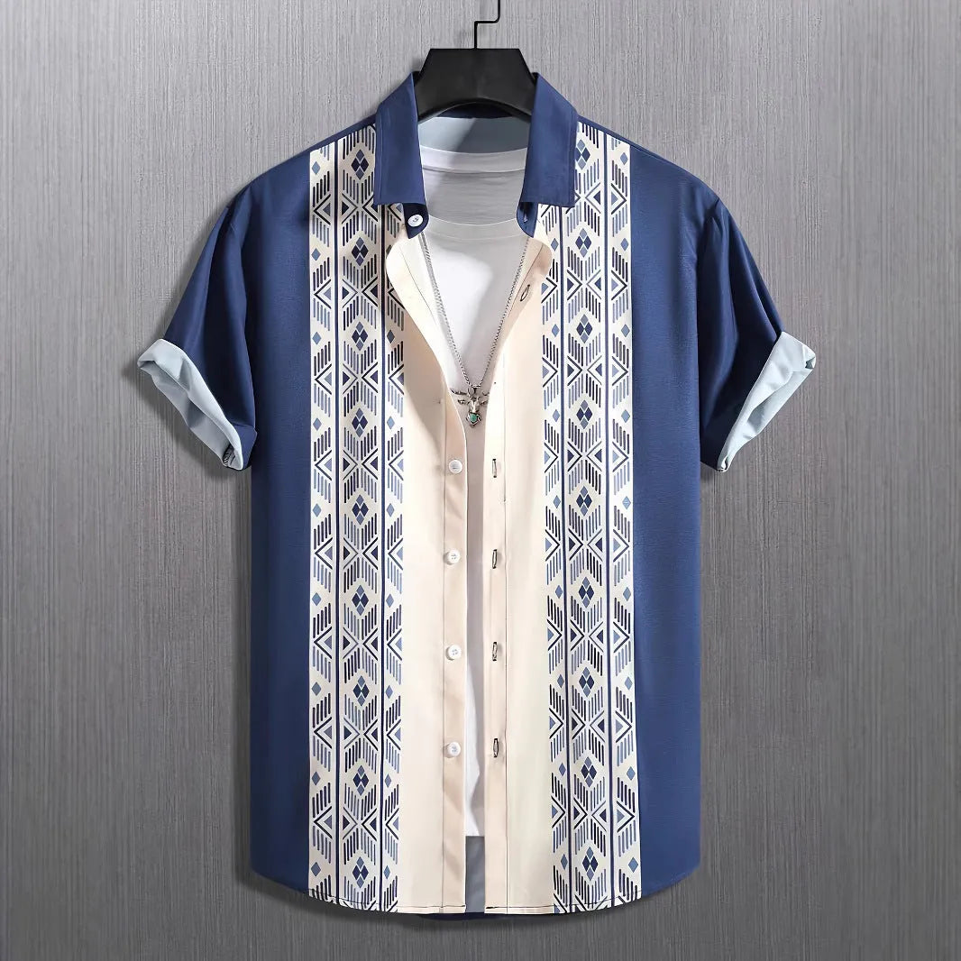 Man wearing a loose-fit short sleeve plaid shirt with a lapel collar in contrasting colours.