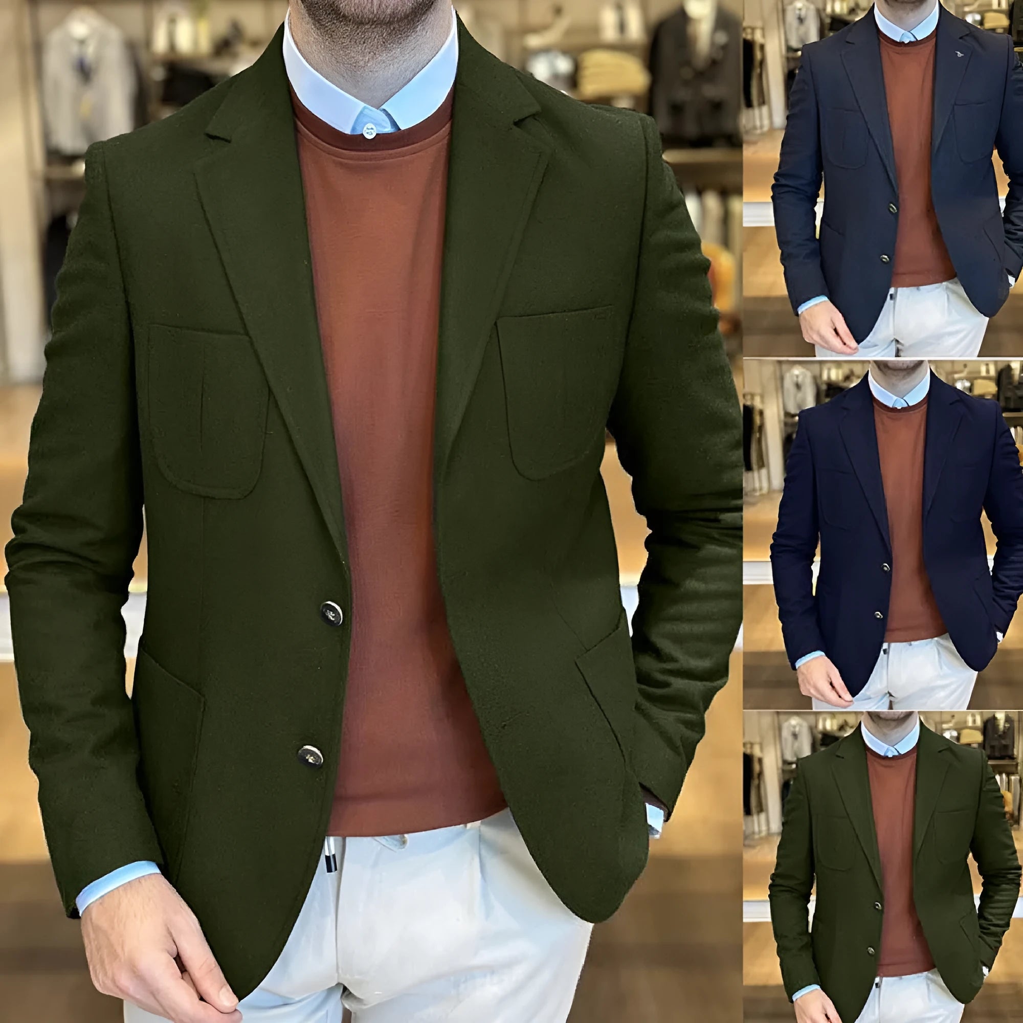 Men's loose fit cotton suit jacket in army green, shown on a hanger.