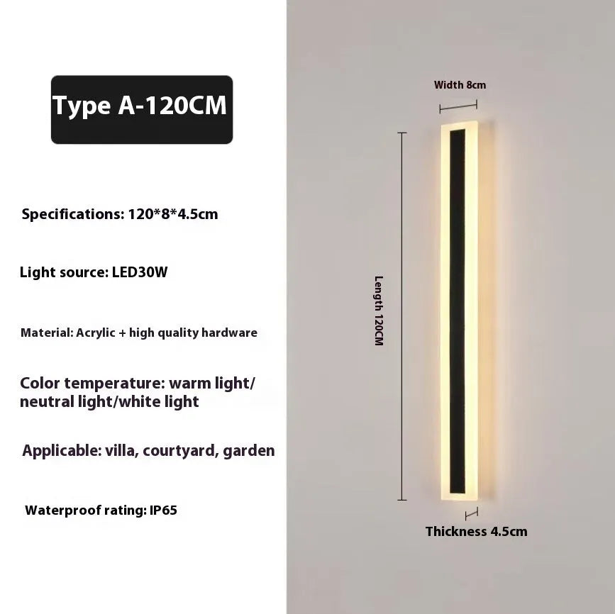 Long straight outdoor LED wall lamp with wrought iron shell for waterproof garden lighting.