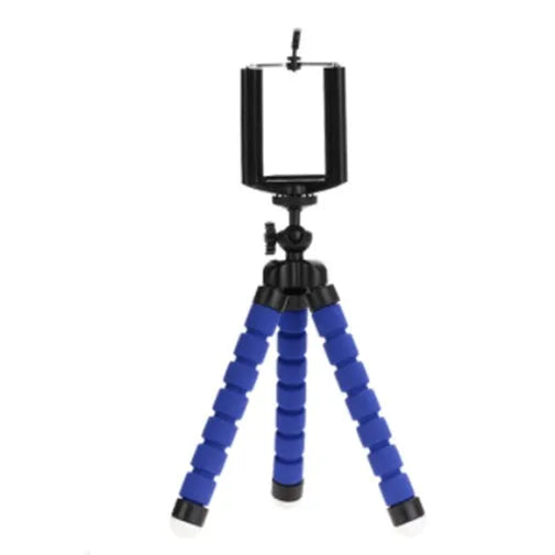 Black flexible octopus tripod with bent legs wrapped around a pole, showing a smartphone attached.