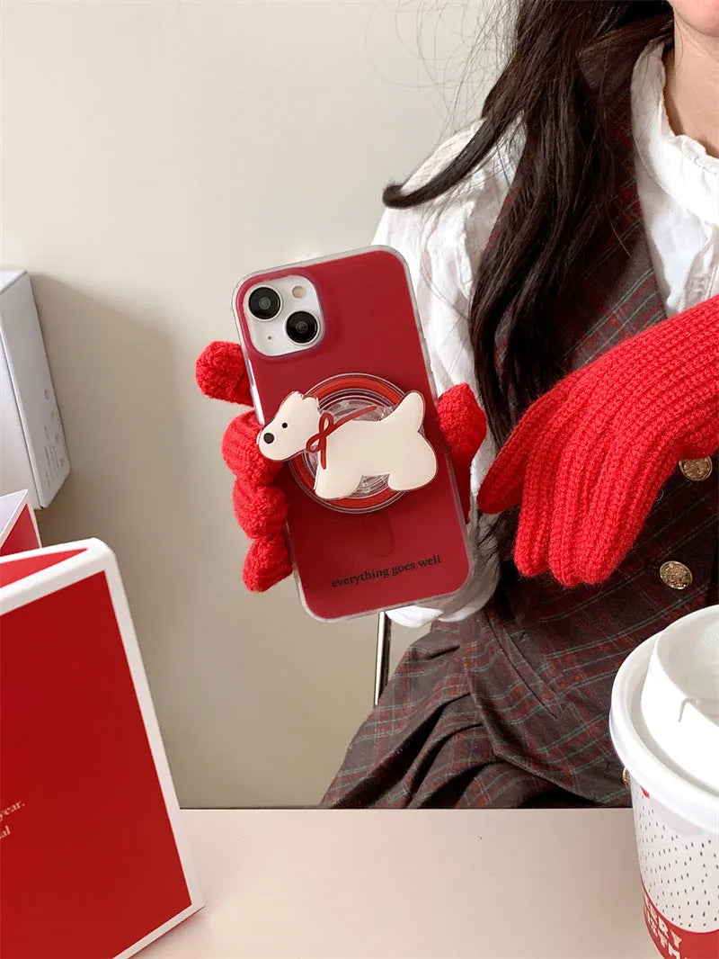 Wine red silicone phone case with embossed red bow tie puppy pattern and magnetic bracket for Apple iPhone