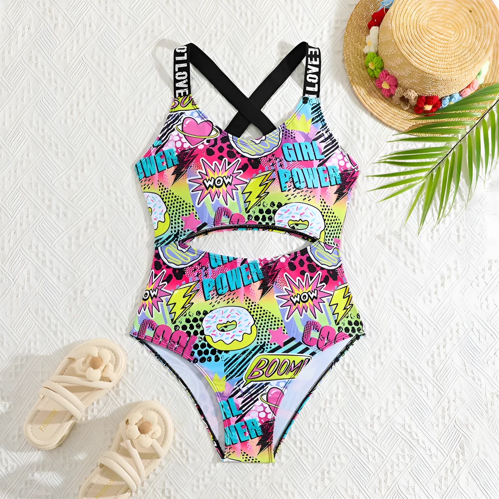 Cute cartoon digital print one piece swimsuit for girls medium and large sizes 13Y-16Y