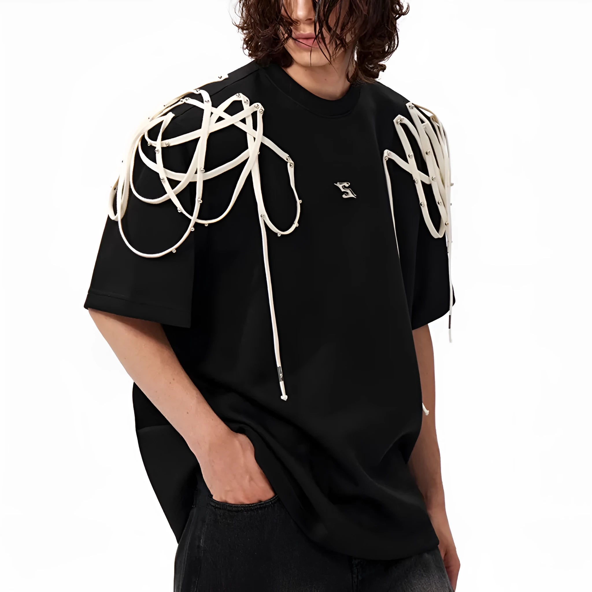 Black loose fit short-sleeved T-shirt with padded shoulders featuring rivet and ribbon detail.