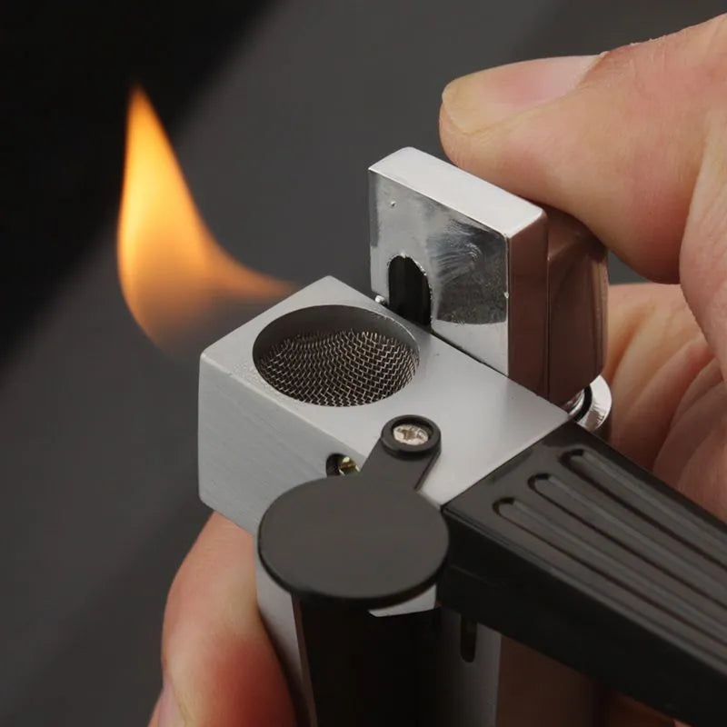 Foldable metal pipe lighter showing stash compartment and lighter mechanism in zinc alloy construction